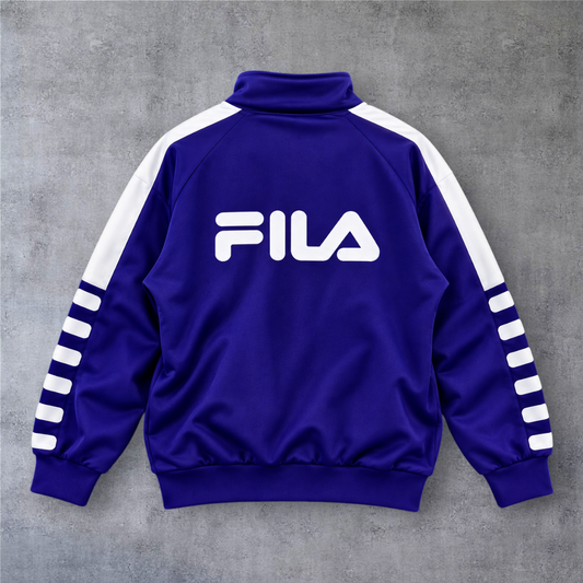 Casaco vintage A minha loja Fiorentina 1999 azul com fecho, riscas brancas nas mangas e logótipo Fila nas costas