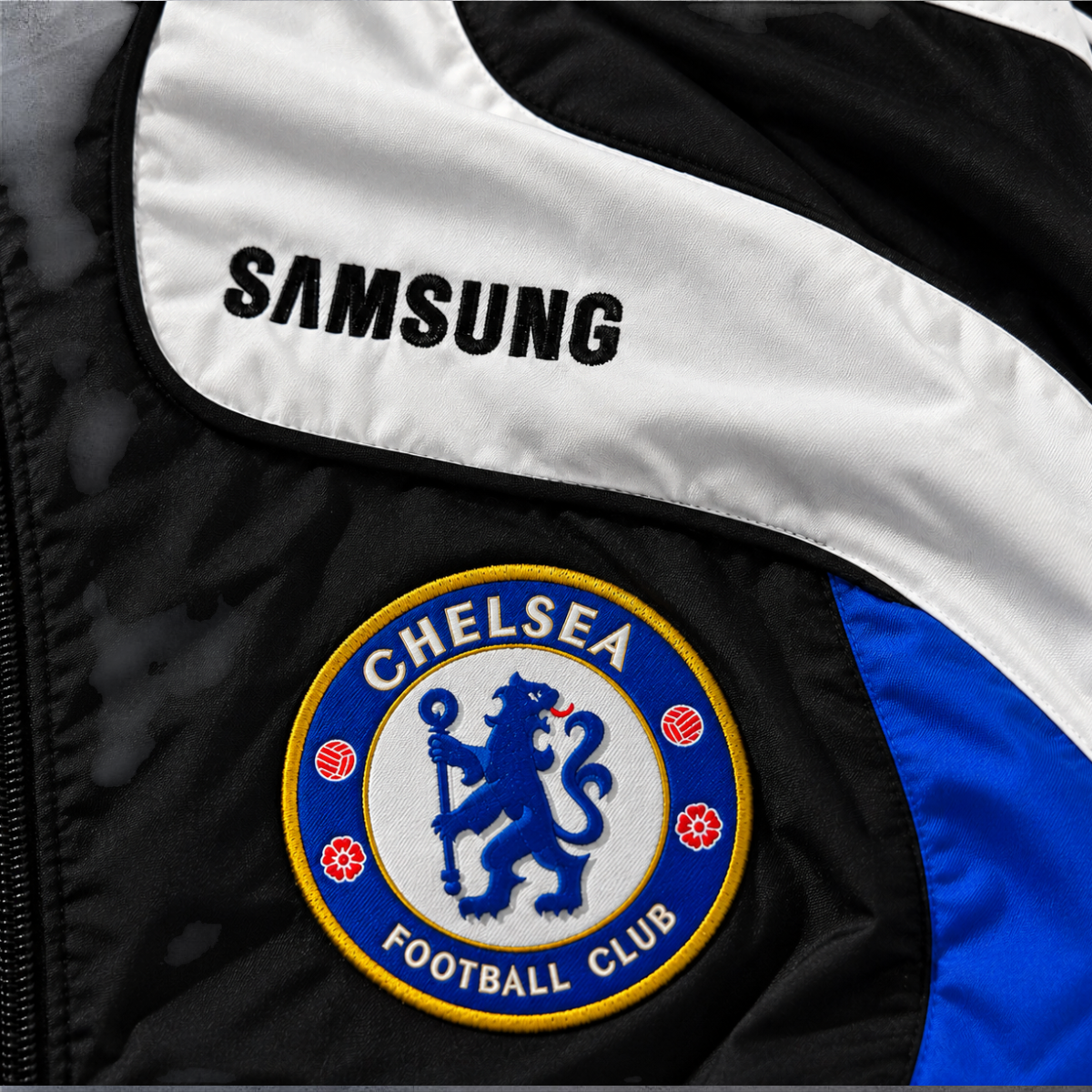 Casaco vintage A minha loja Chelsea 2008/09 com emblema bordado e logótipo Samsung em preto, branco e azul