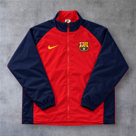 Casaco vintage do Barcelona 1999/00 da A minha loja, vermelho e azul com fecho frontal e logótipos bordados.