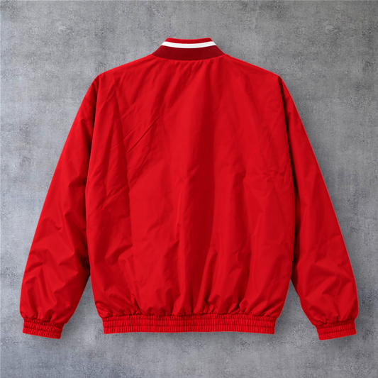 Casaco vintage vermelho do Benfica da A minha loja com fecho completo, gola canelada e punhos elásticos, vista traseira