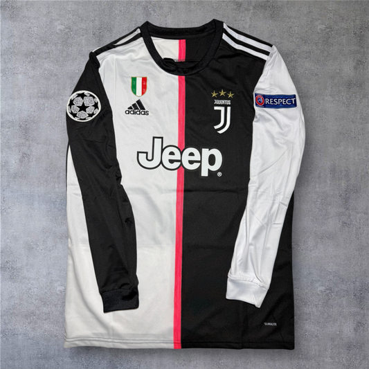 Camisola de futebol A minha loja Juventus 2019/20 manga comprida, design bicolor preto e branco com detalhes rosa.