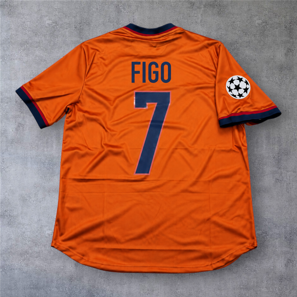 Camisola de futebol A minha loja do Barcelona 1998 fora, laranja com nome Figo e número 7 e emblema Champions League