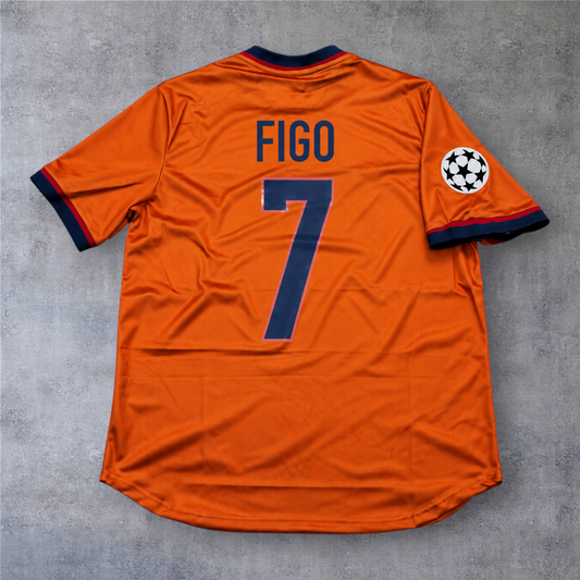 Camisola de futebol A minha loja do Barcelona 1998 fora, laranja com nome Figo e número 7 e emblema Champions League