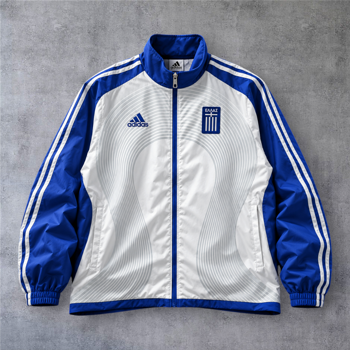 Casaco vintage da Grécia 2006 A minha loja, branco e azul com fecho completo, logótipo adidas e emblema da seleção.