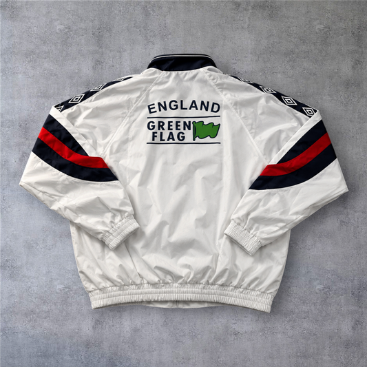 Casaco vintage England 1998 da A minha loja, branco com detalhes em vermelho e preto e logótipo nas mangas.