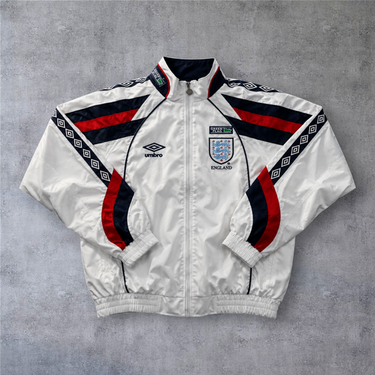 Casaco vintage da A minha loja da seleção de Inglaterra de 1998, branco com detalhes em azul e vermelho e fecho zip.