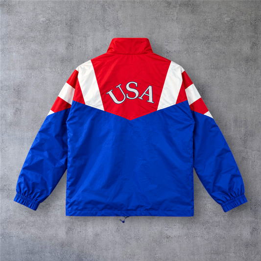 Casaco vintage A minha loja USA 1994 com fecho completo, em azul, vermelho e branco, estilo desportivo retro.