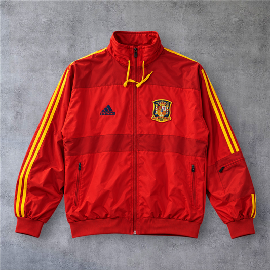 Casaco vintage de futebol da Espanha 2010 da A minha loja, vermelho com riscas amarelas, fecho completo e emblema.