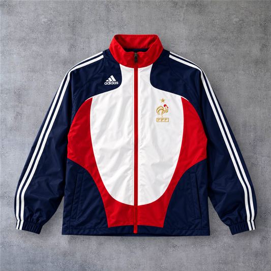Casaco vintage de futebol da França 2008 A minha loja, com fecho completo, nas cores azul, branco e vermelho.