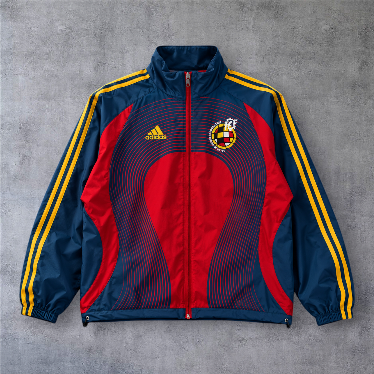 Casaco vintage da Espanha 2006 da A minha loja, azul e vermelho com fecho completo e detalhes em amarelo