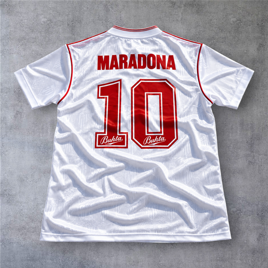 Camisola de futebol A minha loja Sevilla 1991/92 branca com o nome Maradona e o número 10 nas costas