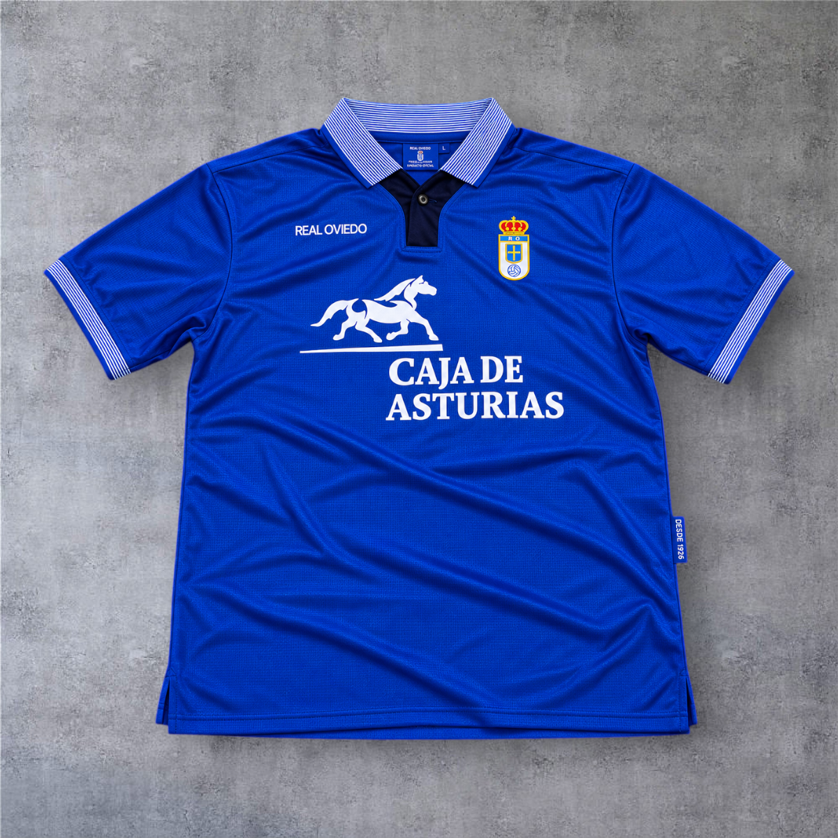 Camisola de futebol A minha loja Real Oviedo 1996/97 azul com gola polo e patrocinador Caja de Asturias