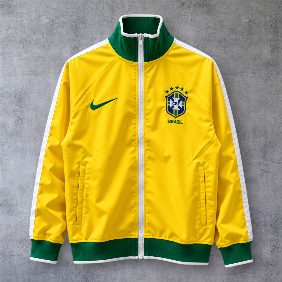 Casaco vintage A minha loja do Brasil 2010 amarelo e verde com fecho frontal e emblema da seleção