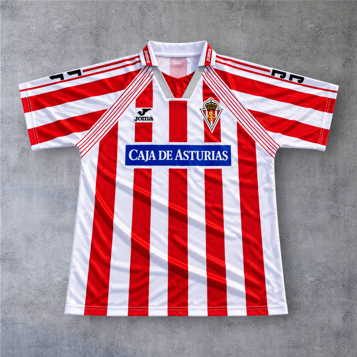 Camisola de futebol A minha loja Sporting Gijon 1994/95 às riscas vermelhas e brancas com gola em V
