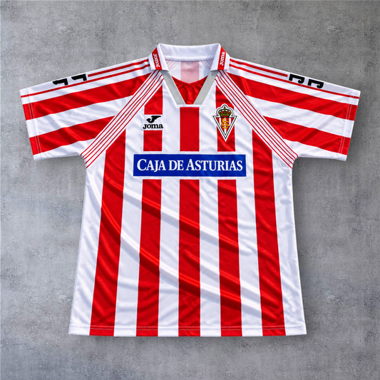 Camisola de futebol A minha loja Sporting Gijon 1994/95 às riscas vermelhas e brancas com gola em V