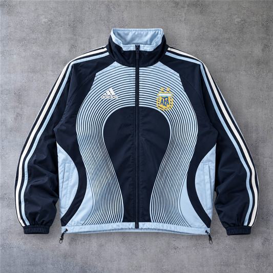 Casaco vintage A minha loja Argentina 2006 away azul-marinho e azul-claro com fecho e emblema da federação