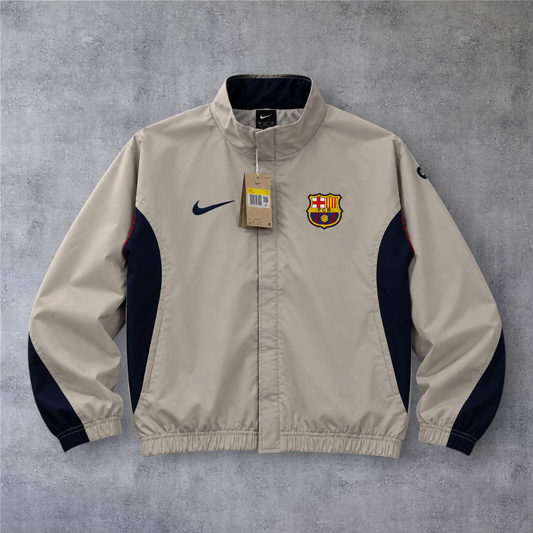Casaco vintage A minha loja do Barcelona 2004 em bege com detalhes em azul marinho, fecho completo e emblema do clube
