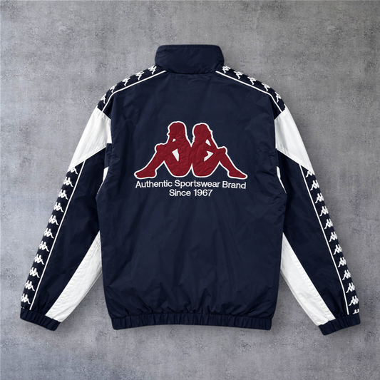 Casaco vintage Barcelona 1992 A minha loja azul marinho com detalhes brancos e logótipo Kappa nas mangas e costas