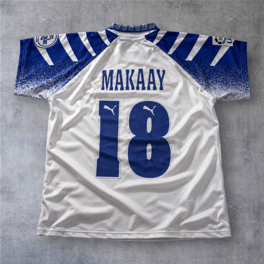 Camisola de futebol A minha loja Tenerife 1997/98 branca e azul com o nome Makaay e o número 18 nas costas
