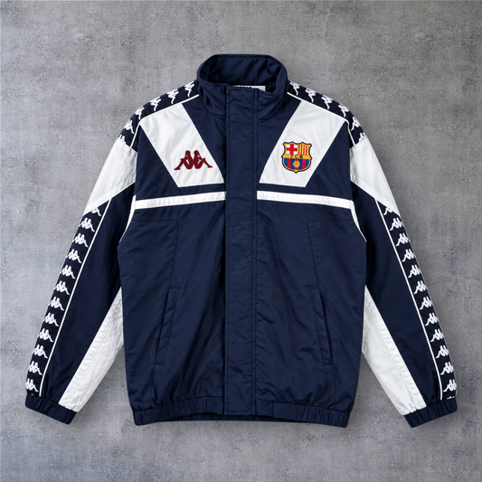 Casaco vintage A minha loja do Barcelona 1992, azul e branco com fecho completo e logótipos Kappa nas mangas.