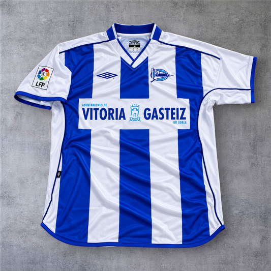 Camisola de futebol A minha loja Alavés 2003/04 às riscas azuis e brancas com emblema e logótipo LFP