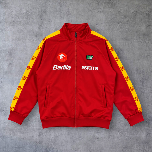 Casaco vintage A minha loja Roma 1998/99 vermelho com fecho completo, detalhes amarelos e logótipos clássicos.