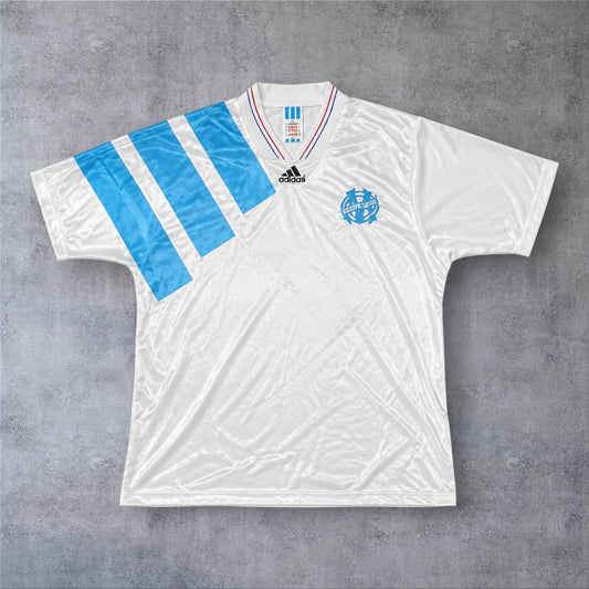 Camisola de futebol A minha loja Marseille 1992/93 branca com riscas azuis e gola em V tricolor