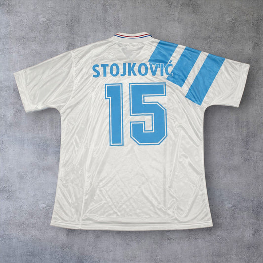 Camisola de futebol A minha loja Marseille 1992/93 branca com o nome Stojkovic e o número 15 nas costas