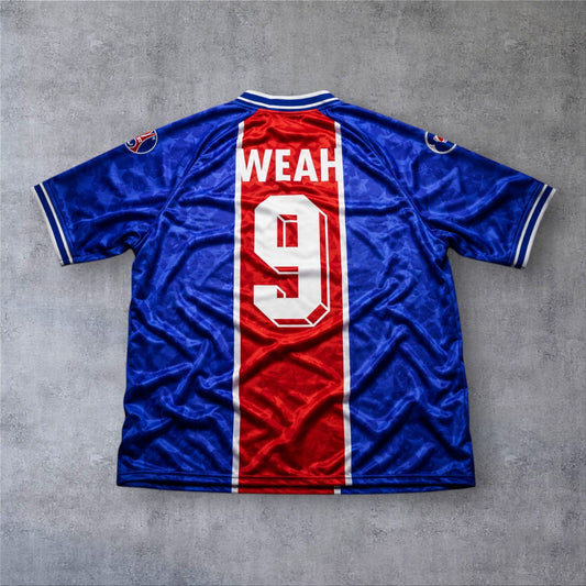 Camisola de futebol A minha loja PSG 1994/95 azul e vermelha com o nome Weah e o número 9 nas costas